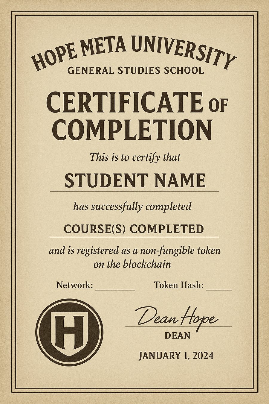 Sample Hope Meta University Certificate of Completion, showing space for student name, course completed, blockchain network and token hash